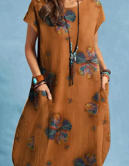 Botanical Floral Print Cap Sleeve Round Neck Pocket Shift Midi Dress
