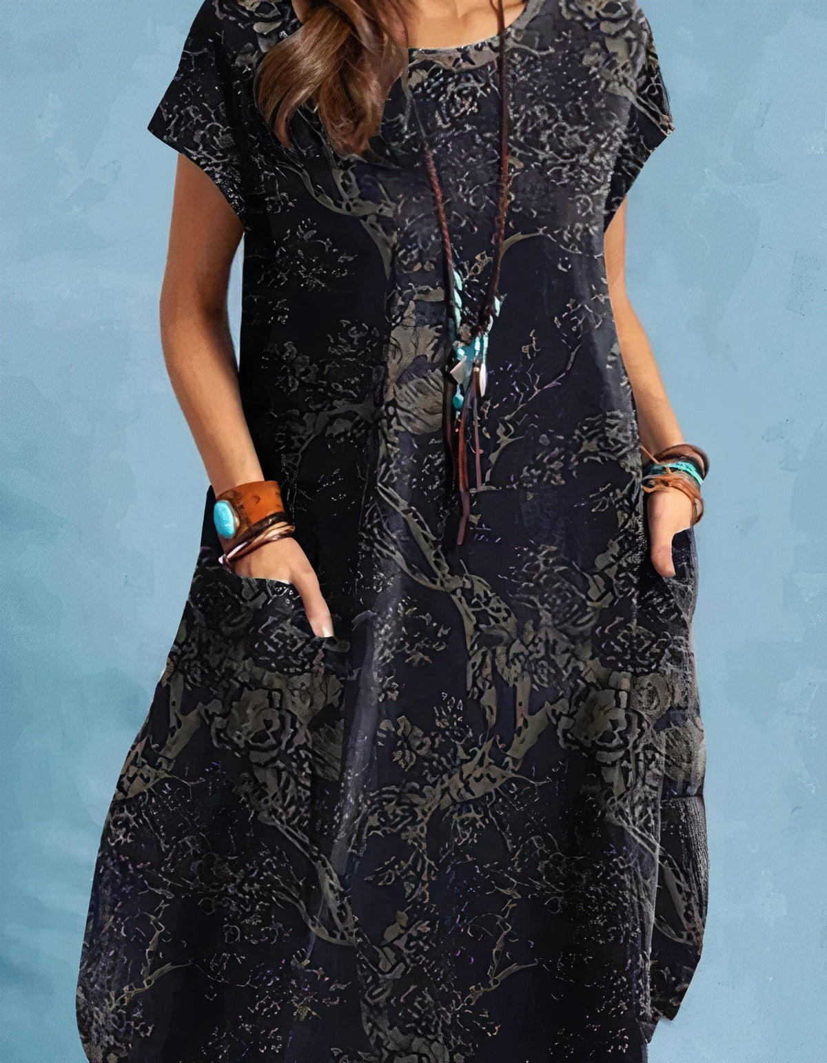 Botanical Floral Print Cap Sleeve Round Neck Pocket Shift Midi Dress