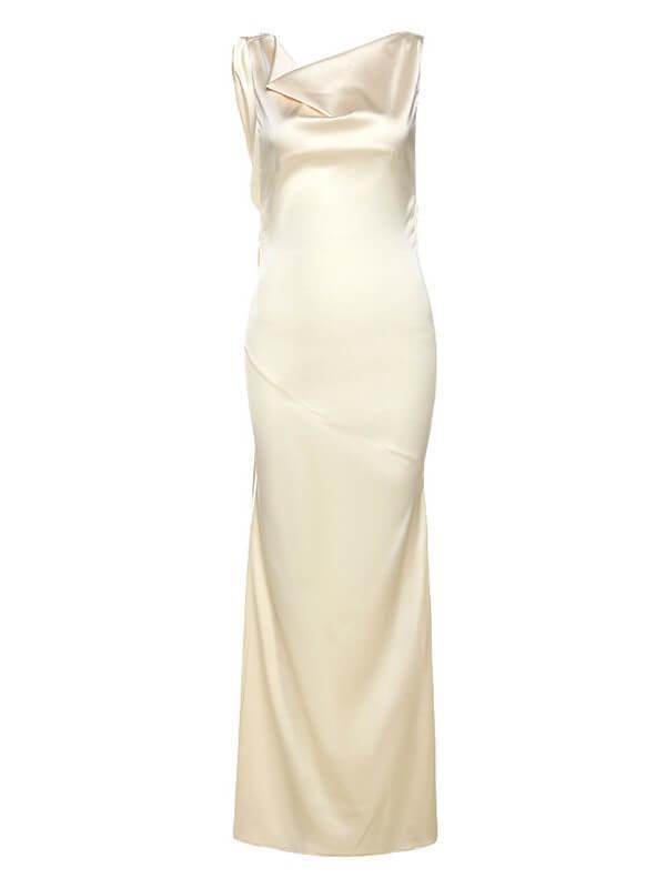 Halter Tie Strap Cowl Back Column Satin Maxi Gown