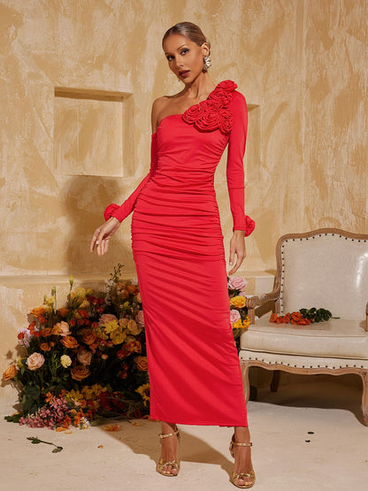 One Shoulder Floral Applique Ruched Long Sleeve Maxi Dress