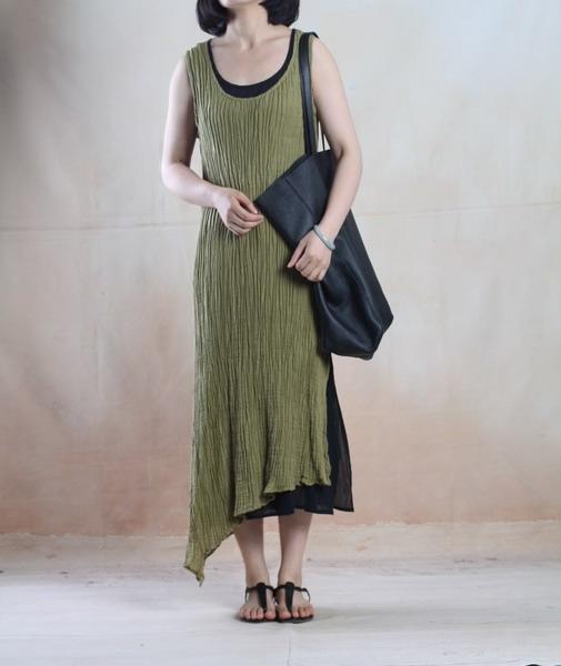 Sleeveless Scoop Neck Crinkle Gauze Asymmetrical Layered Midi Dress