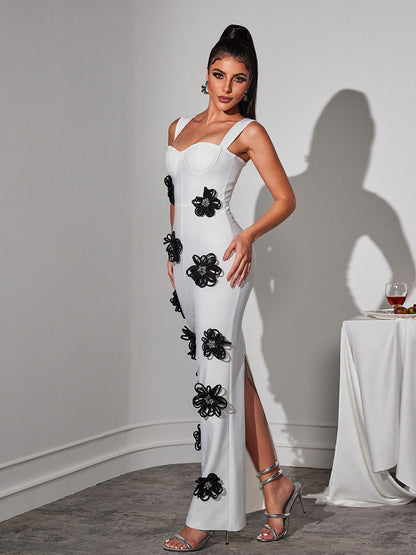 Sweetheart Neck 3D Floral Applique Bodycon Maxi Dress