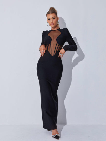 Mock Neck Long Sleeve Bandage Bodycon Midi Dress