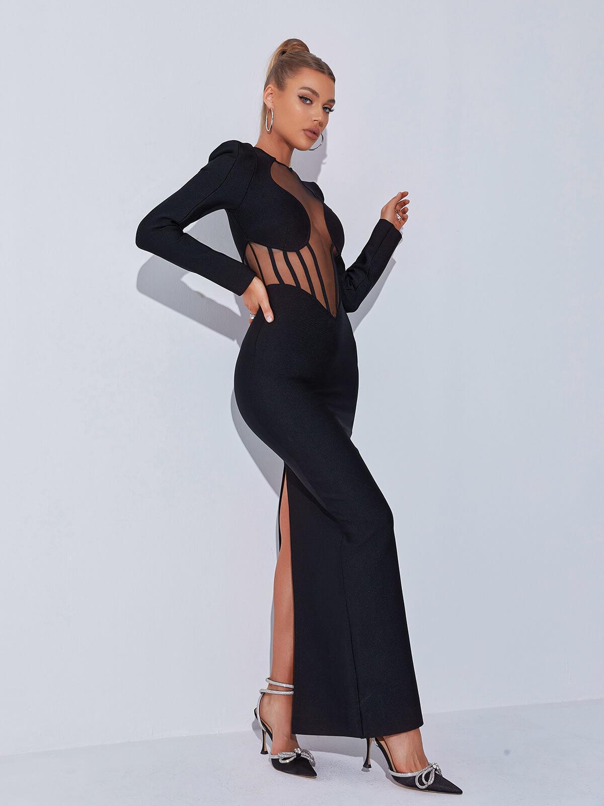 Mock Neck Long Sleeve Bandage Bodycon Midi Dress