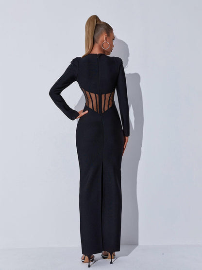 Mock Neck Long Sleeve Bandage Bodycon Midi Dress
