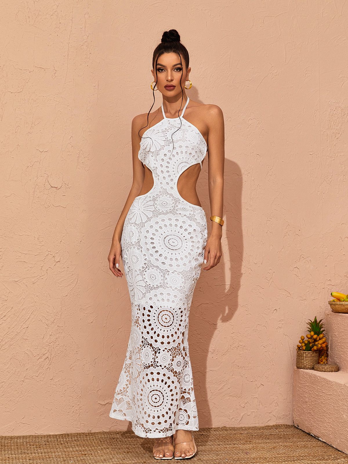 Halter Neck Circular Cutout Crochet Mandala Maxi Dress