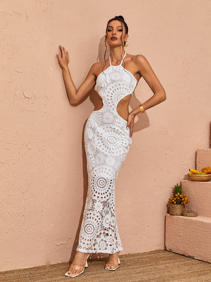 Halter Neck Circular Cutout Crochet Mandala Maxi Dress