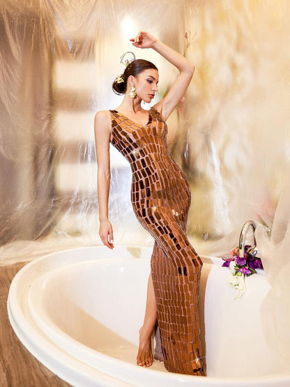 Spaghetti Strap Rectangular Paillette Column Maxi Dress