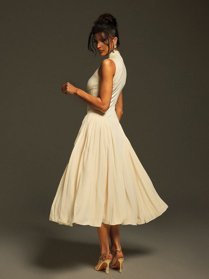 Sleeveless Ruched Drop Waist Accordion Pleat Midi Dress