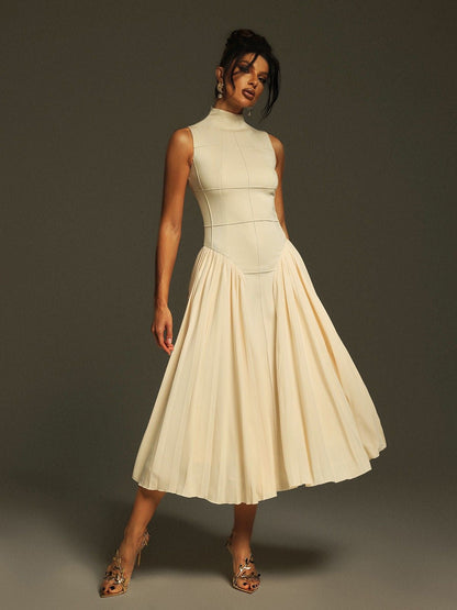 Sleeveless Ruched Drop Waist Accordion Pleat Midi Dress