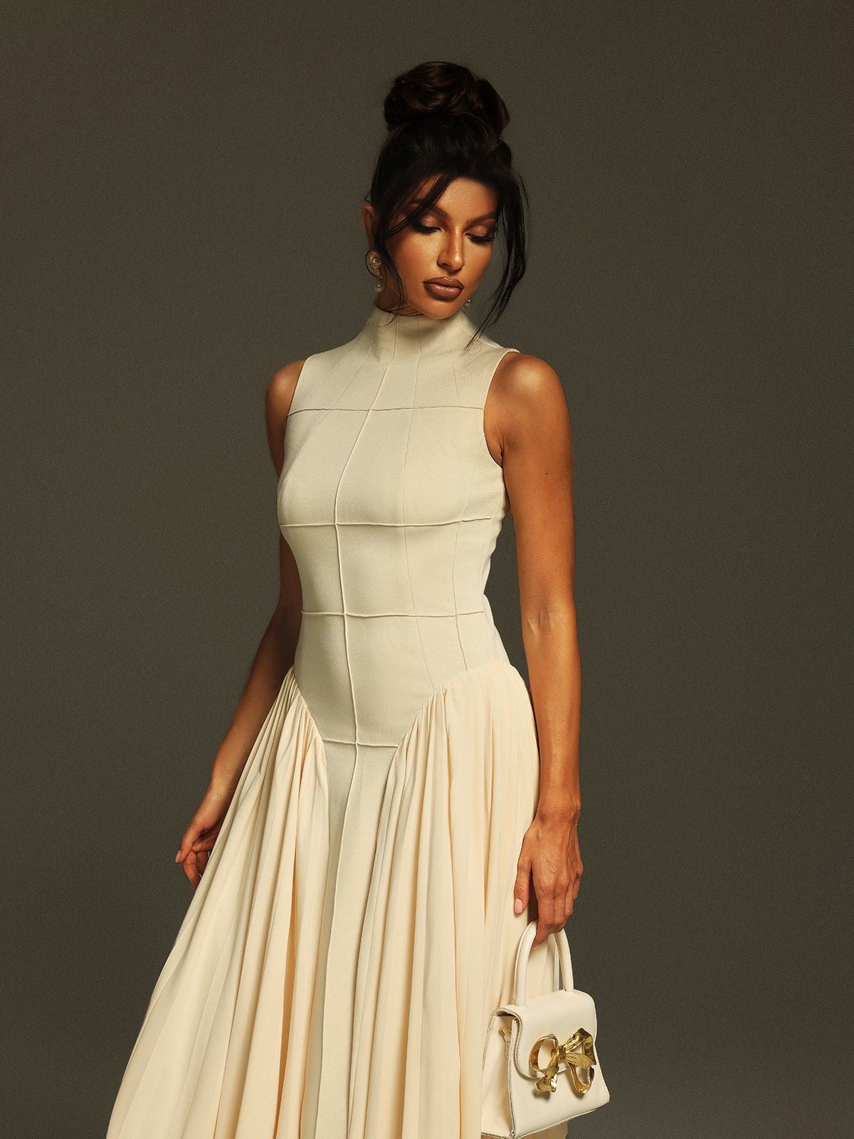 Sleeveless Ruched Drop Waist Accordion Pleat Midi Dress