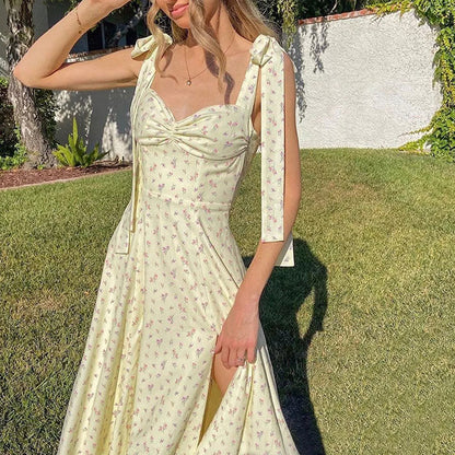 Sweetheart Tie Shoulder Ruched Bust Ditsy Floral High Slit Midi Dress