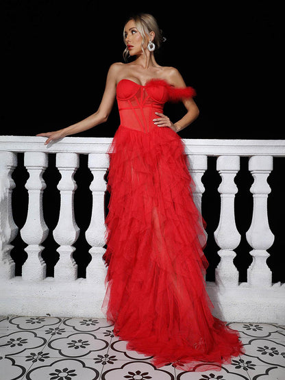 Strapless Corset Feather Strap Tiered Ruffle Tulle Thigh Slit Maxi Gown