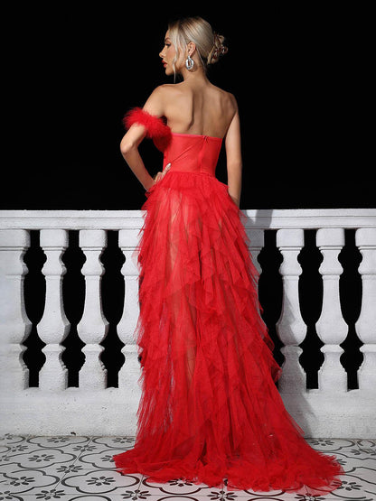 Strapless Corset Feather Strap Tiered Ruffle Tulle Thigh Slit Maxi Gown