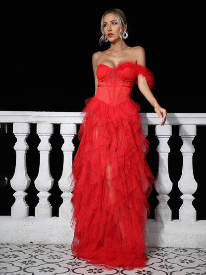 Corset Bodice Feather Trim Tiered Ruffle Tulle Maxi Gown
