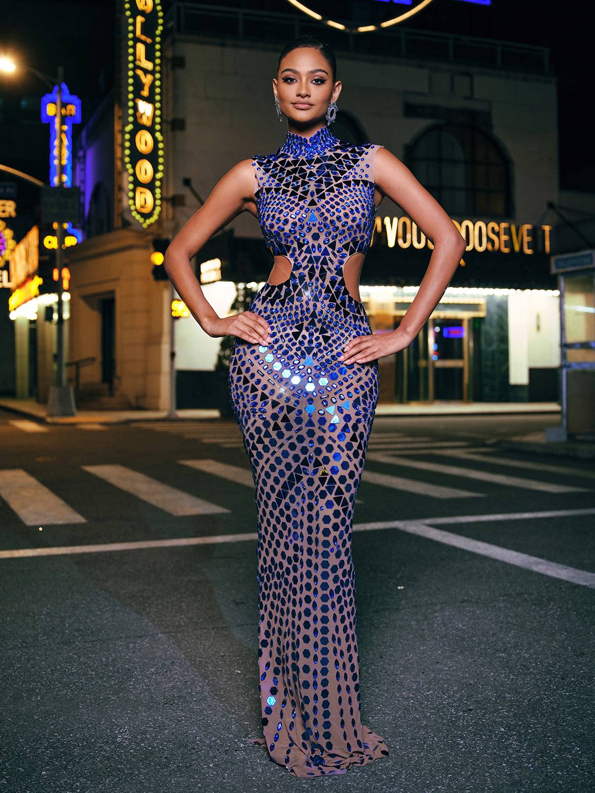Mock Neck Waist Cutout Mirror Facet Embellished Sheer Mesh Maxi Gown