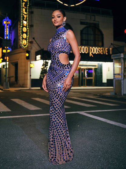 Mock Neck Waist Cutout Mirror Facet Embellished Sheer Mesh Maxi Gown