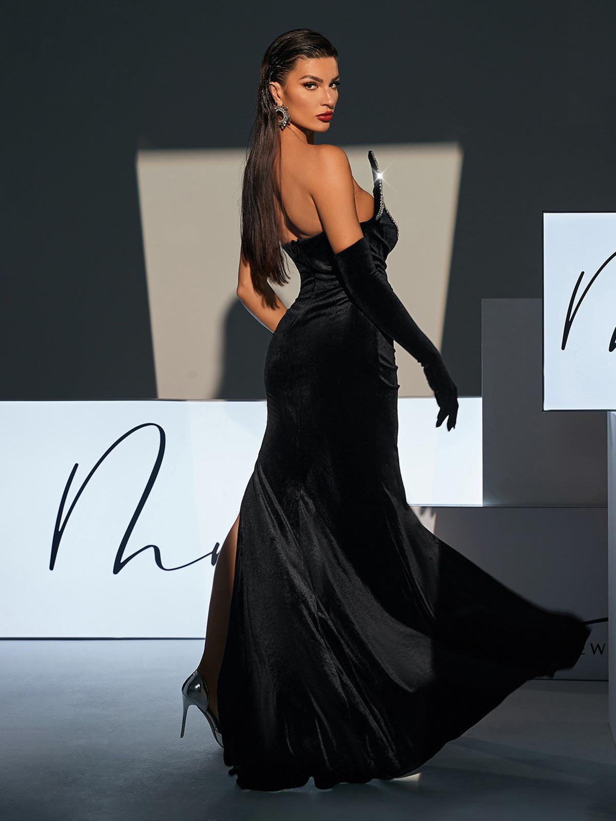 One Shoulder Beaded Wave Sweetheart High Slit Velvet Maxi Gown With Glove