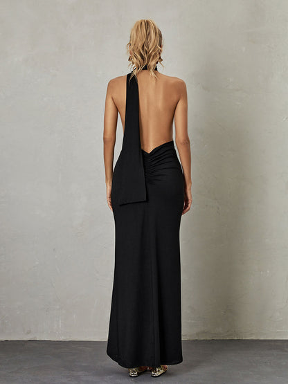 Halter Neck Scarf Sash Backless Ruched Column Maxi Dress