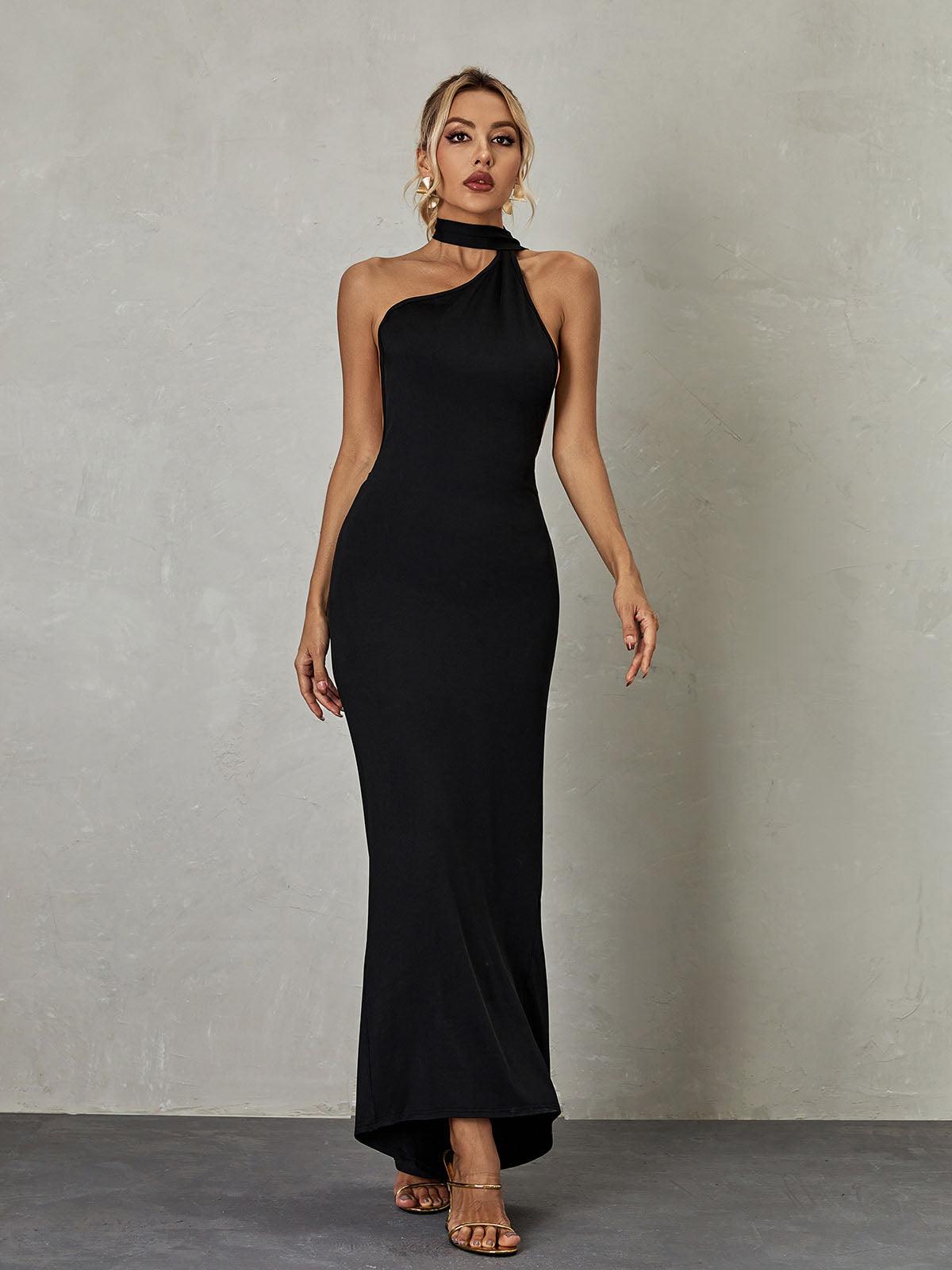 Halter Backless Ruched Sash Detail Column Maxi Gown