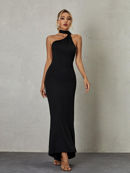 Halter Backless Ruched Sash Detail Column Maxi Gown