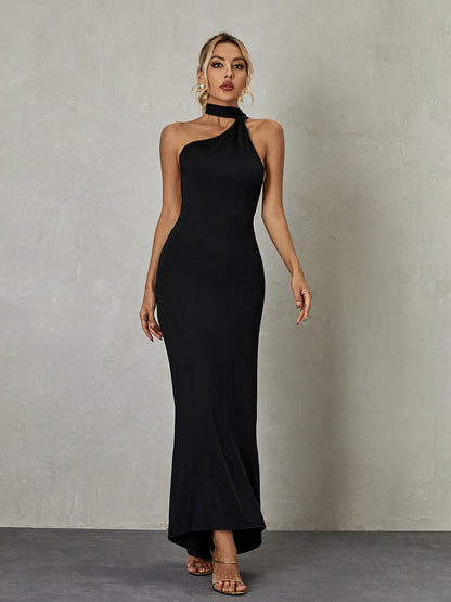 Halter Neck Scarf Sash Backless Ruched Column Maxi Dress