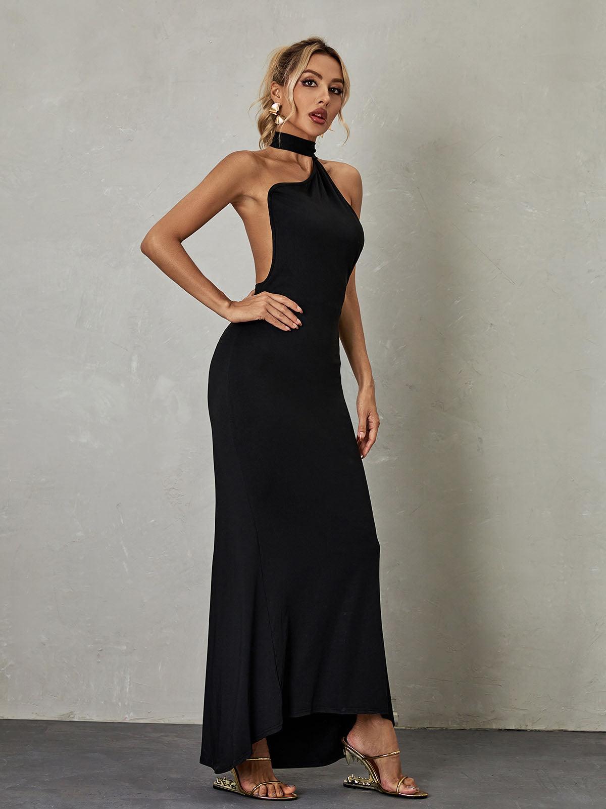Halter Backless Ruched Sash Detail Column Maxi Gown
