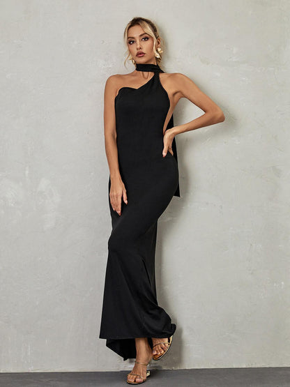Halter Backless Ruched Sash Detail Column Maxi Gown