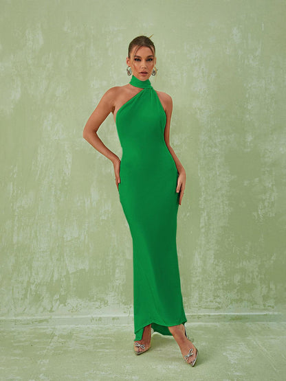 Halter Neck Long Sash Backless Open Back Column Maxi Dress