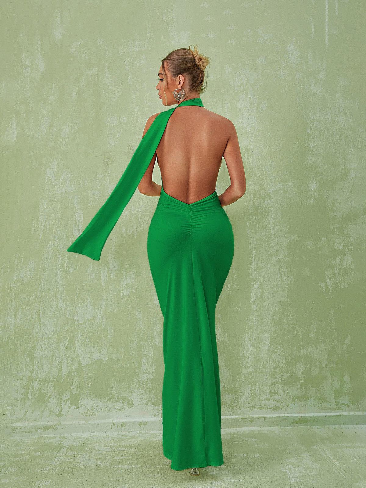 Halter Neck Long Sash Backless Open Back Column Maxi Dress