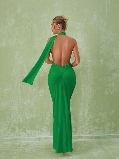 Halter Neck Long Sash Backless Open Back Column Maxi Dress