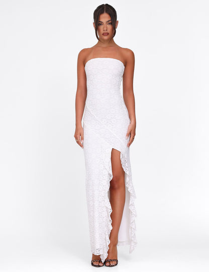 Strapless Floral Paisley Ruffle Slit Maxi Dress