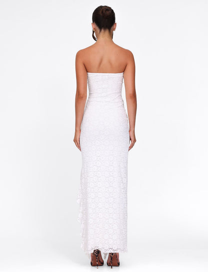 Strapless Floral Paisley Ruffle Slit Maxi Dress