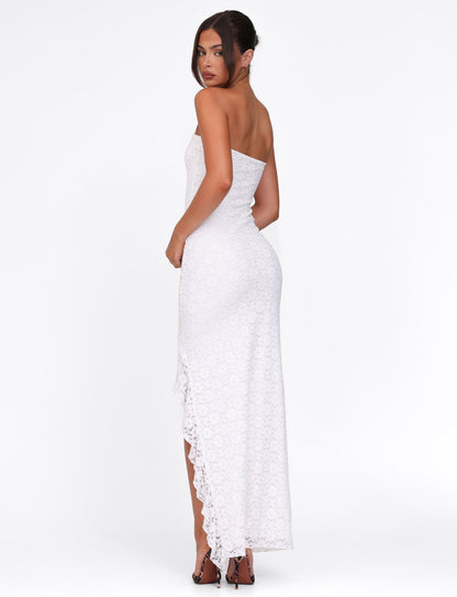 Strapless Floral Paisley Ruffle Slit Maxi Dress