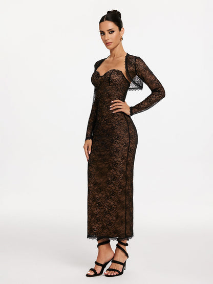 Strapless Sweetheart Lace Column Maxi Dress with Bolero Shrug