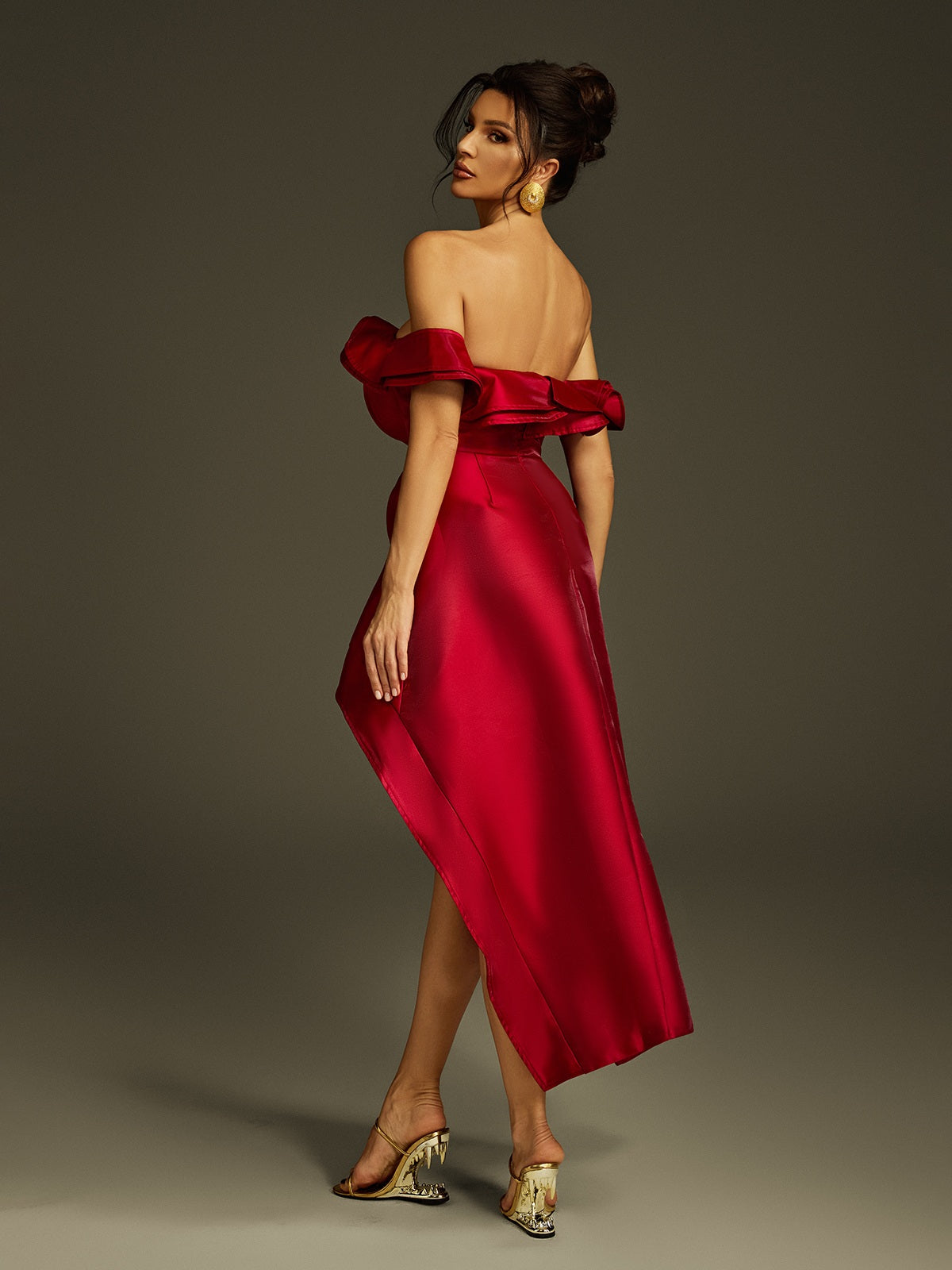 Off Shoulder Center Ruffle High Low Asymmetric Midi Dress