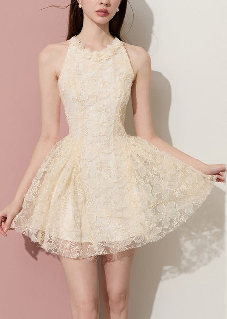 Halter Lace Applique Neck Fit and Flare Floral Lace Mini Dress