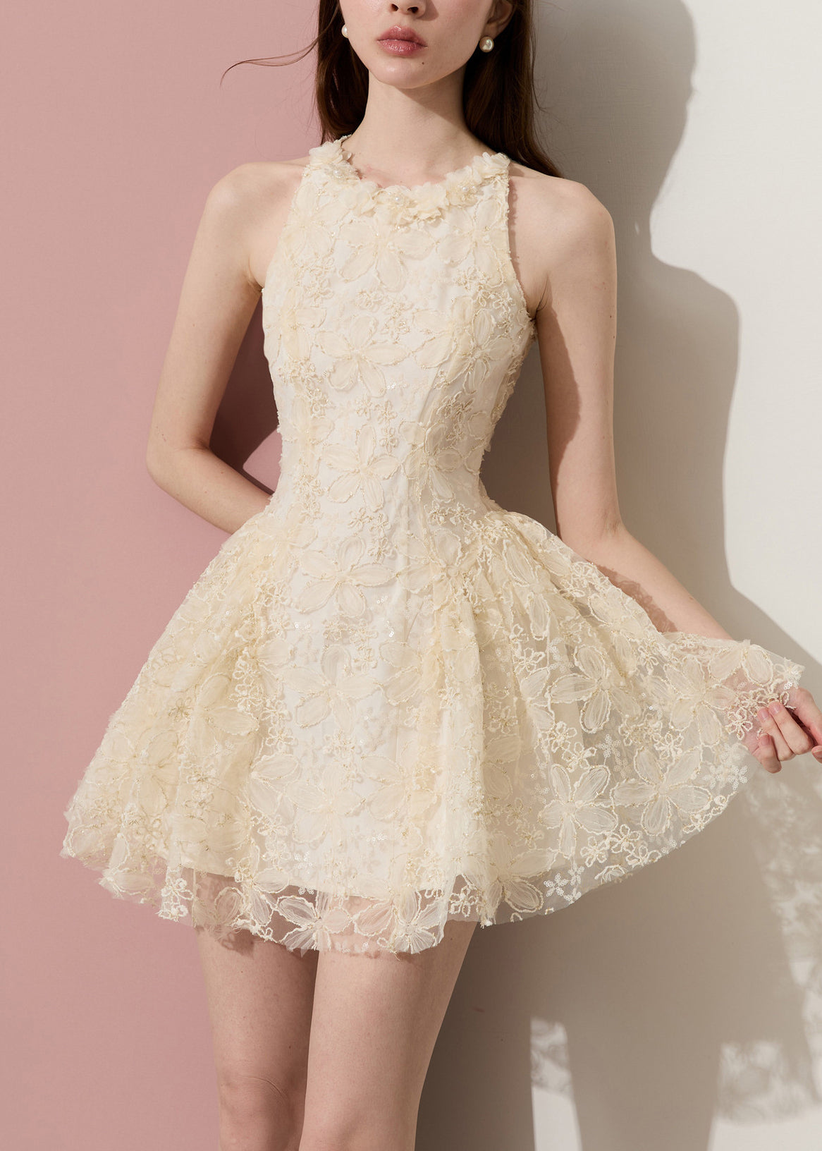 Halter Lace Applique Neck Fit and Flare Floral Lace Mini Dress