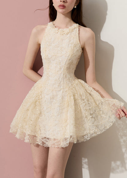 Halter Lace Applique Neck Fit and Flare Floral Lace Mini Dress