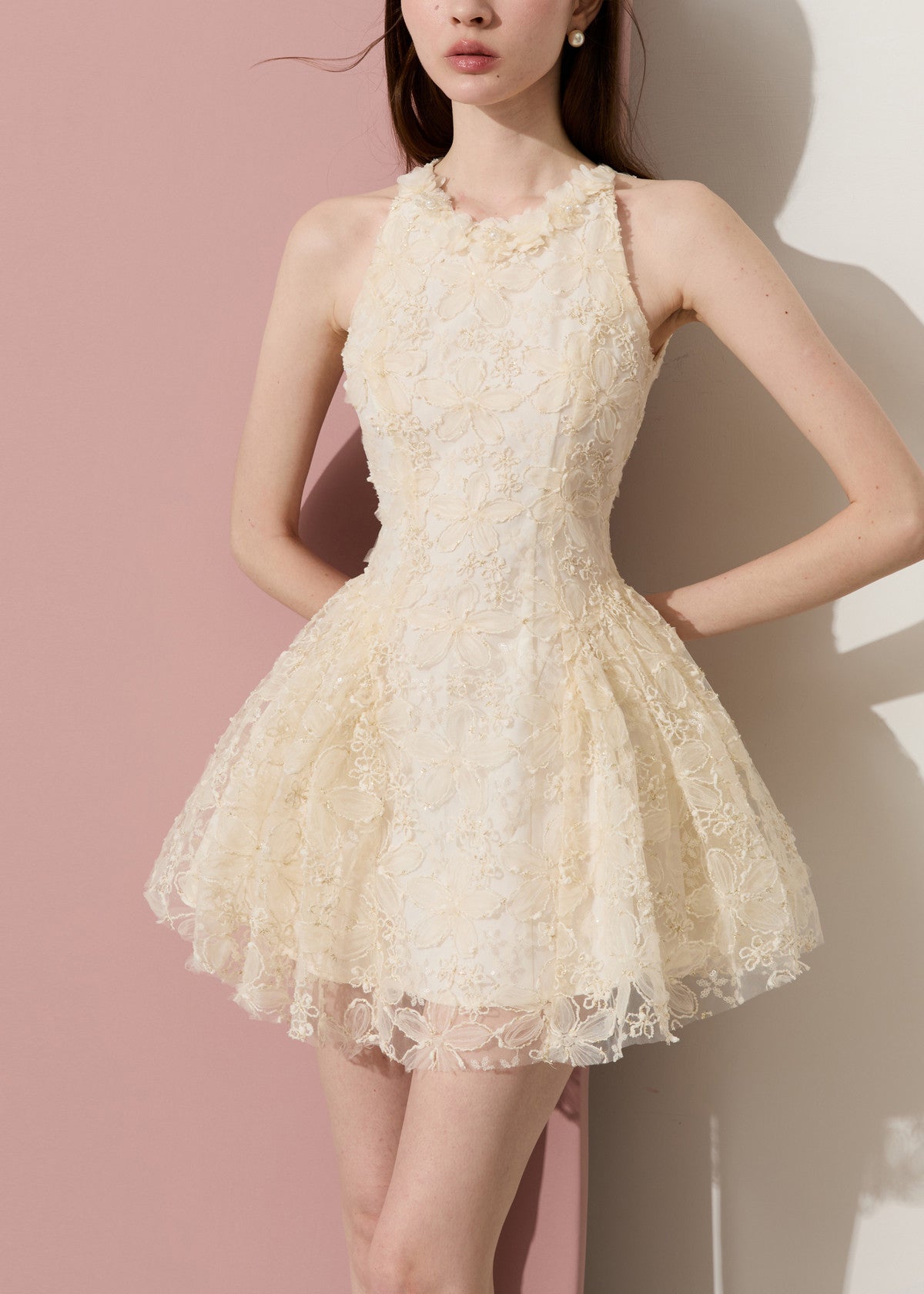 Halter Lace Applique Neck Fit and Flare Floral Lace Mini Dress
