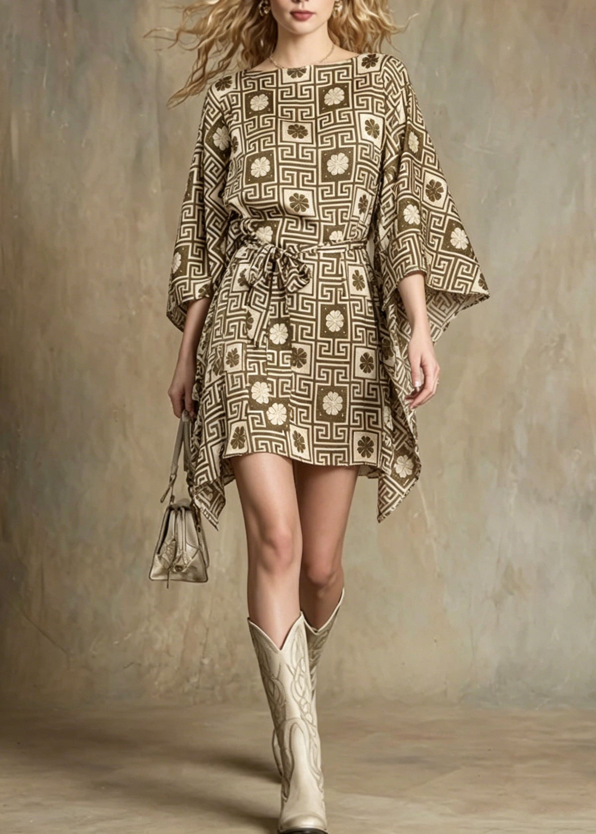 Boat Neck Greek Key Floral Grid Belted Bell Sleeve Mini Dress