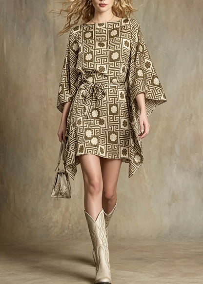 Boat Neck Greek Key Floral Grid Belted Bell Sleeve Mini Dress