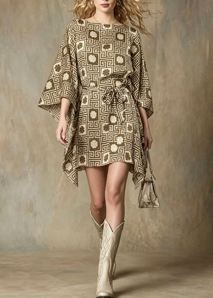 Boat Neck Greek Key Floral Grid Belted Bell Sleeve Mini Dress