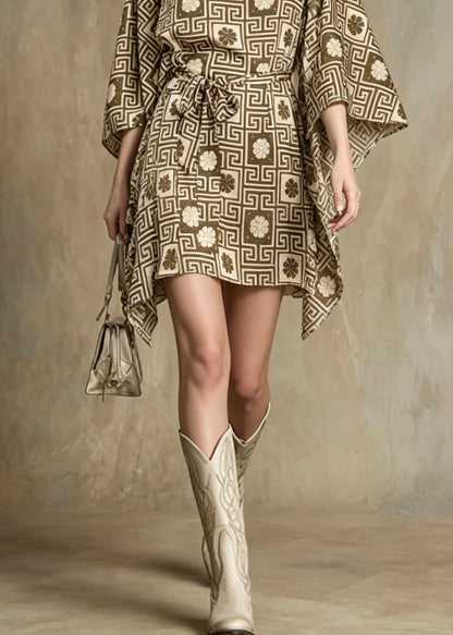 Boat Neck Greek Key Floral Grid Belted Bell Sleeve Mini Dress