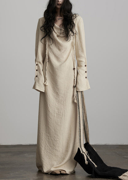 Cowl Neck Button Cuff Beaded Cord Trim Linen Maxi Dress
