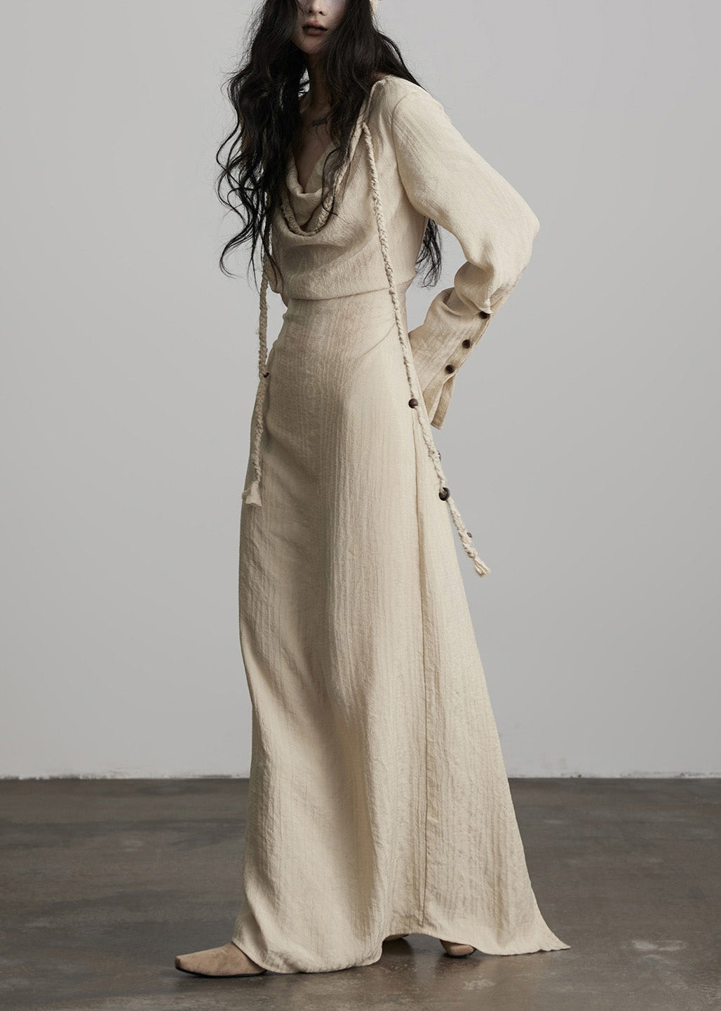 Cowl Neck Button Cuff Beaded Cord Trim Linen Maxi Dress