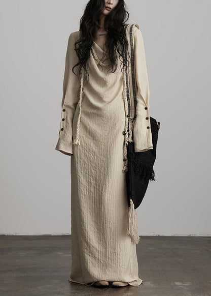 Cowl Neck Button Cuff Beaded Cord Trim Linen Maxi Dress