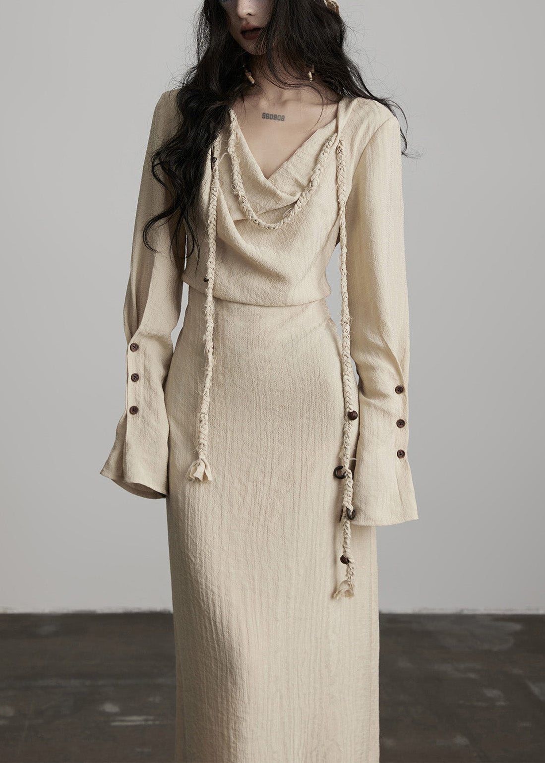 Cowl Neck Button Cuff Beaded Cord Trim Linen Maxi Dress