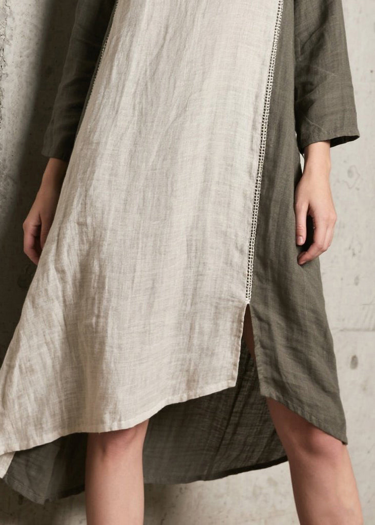 Crew Neck Ladder Stitch Panel Side Slit High Low Linen Midi Dress