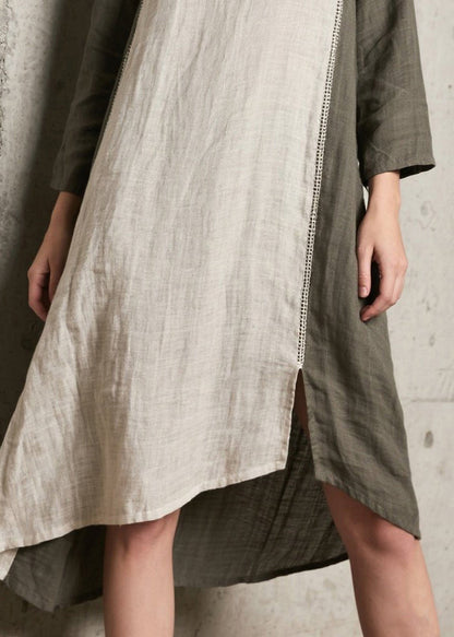 Crew Neck Ladder Stitch Panel Side Slit High Low Linen Midi Dress